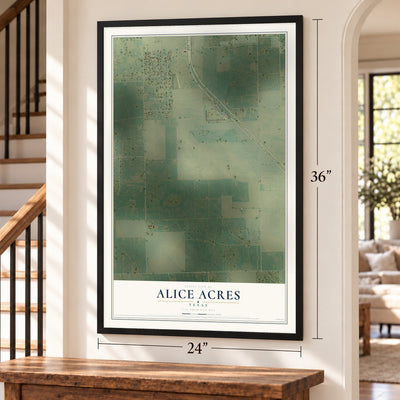 Alice Acres, Texas map, 24 x 36 inch print in a black frame by a staircase