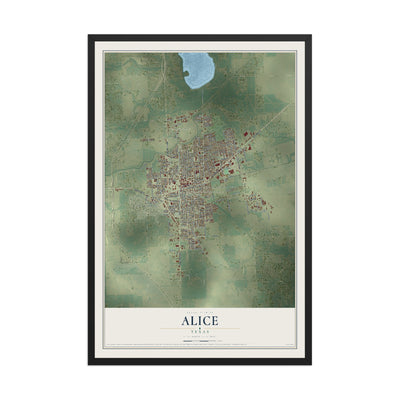 Map of Alice, Texas, 12 x 18 inch print in a black wood frame