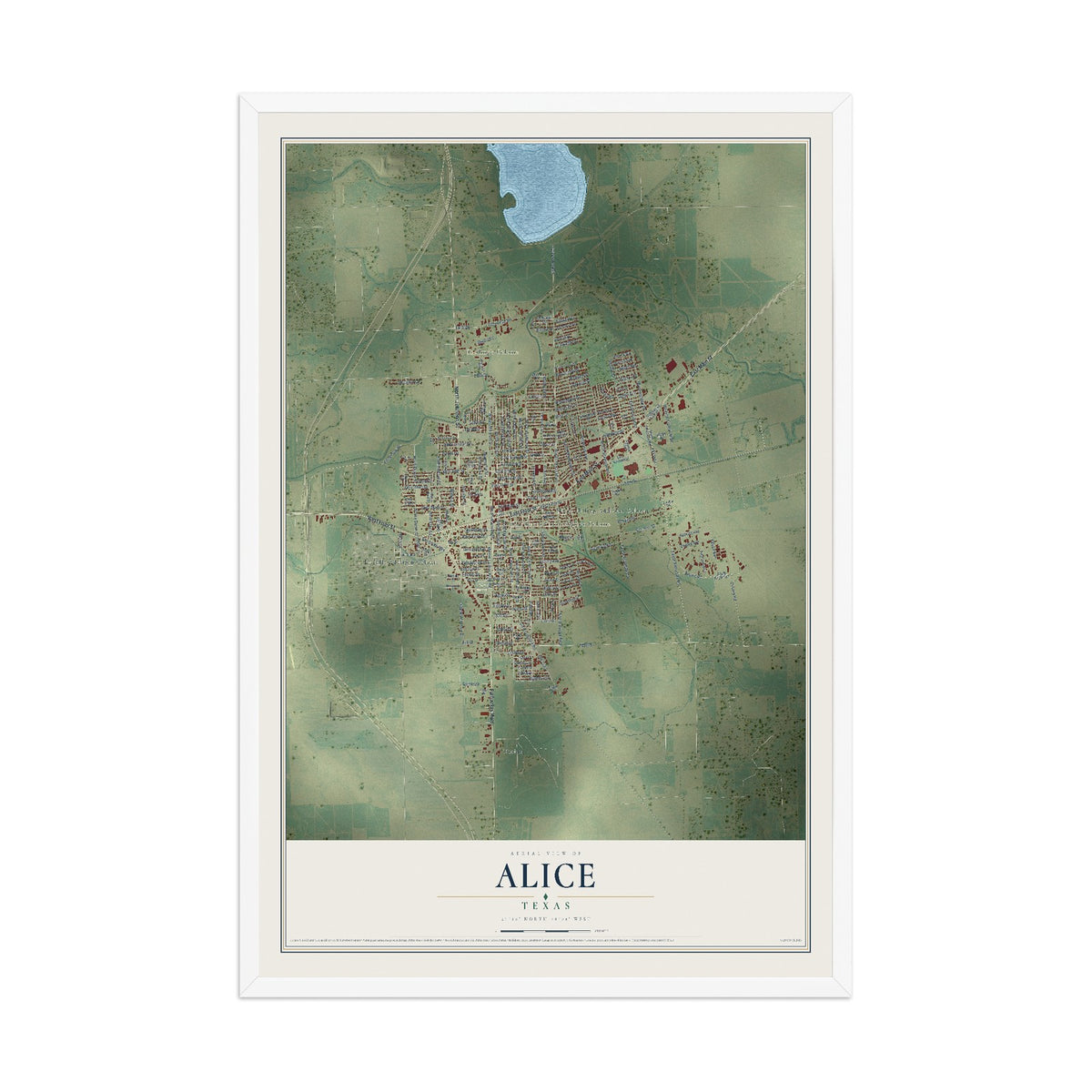 Map of Alice, Texas, 12 x 18 inch print in a white wood frame