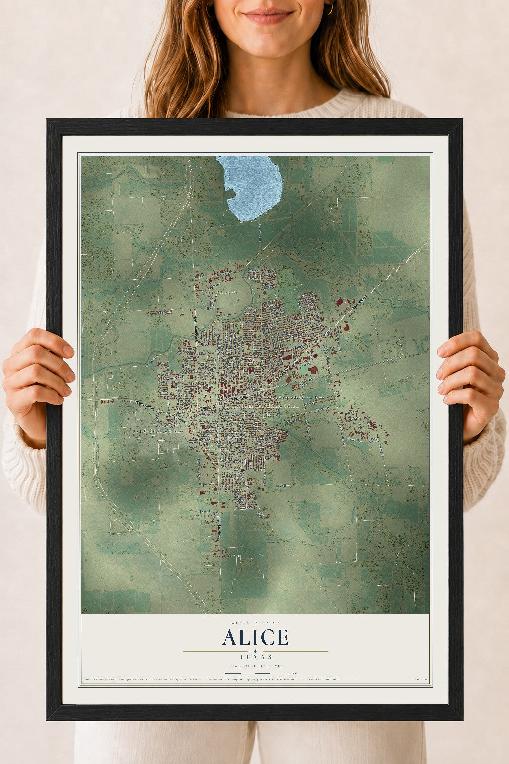 Map of Alice, Texas, 18 x 24 inch print in a black wood frame