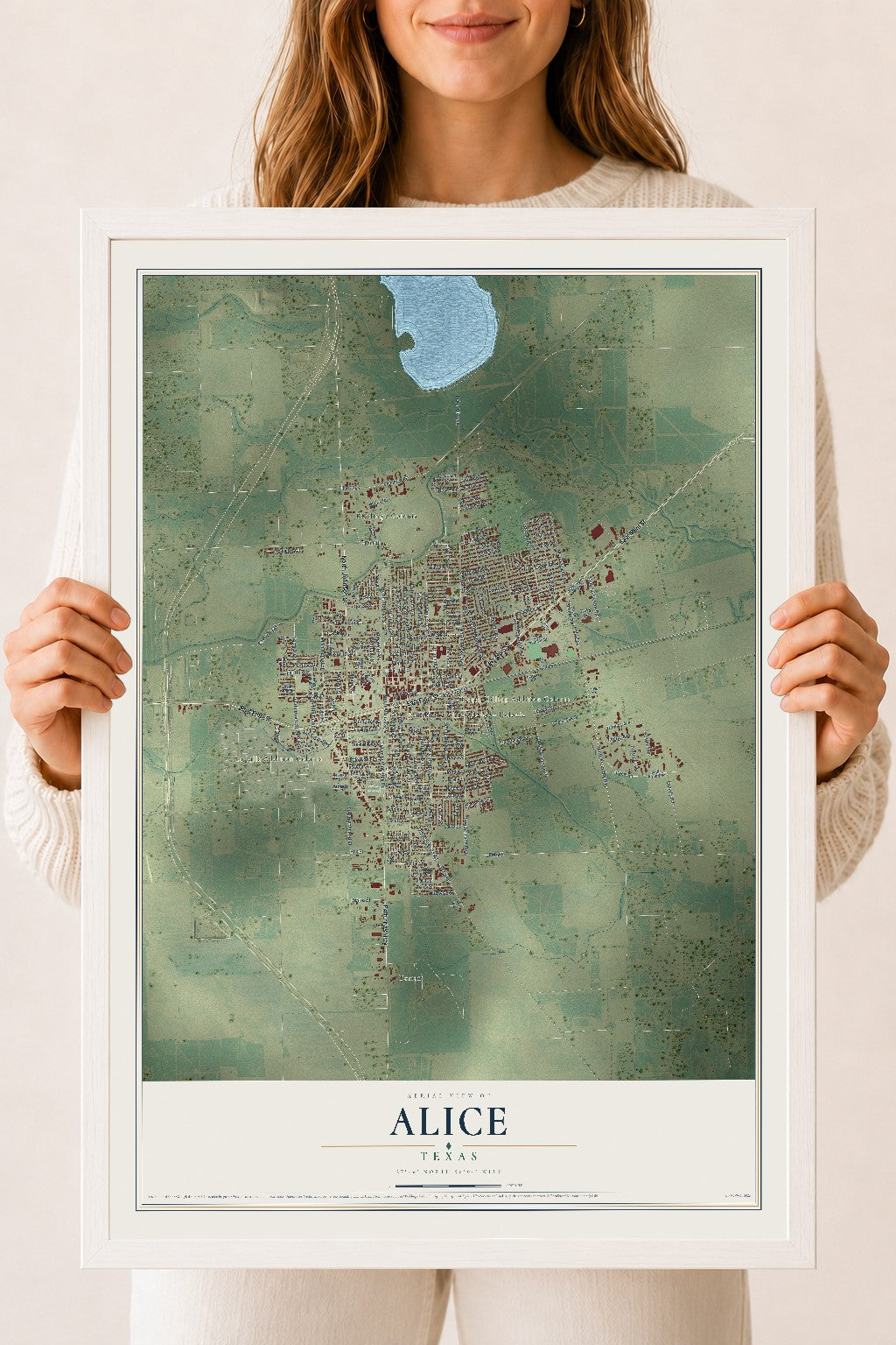 Map of Alice, Texas, 18 x 24 inch print in a white wood frame