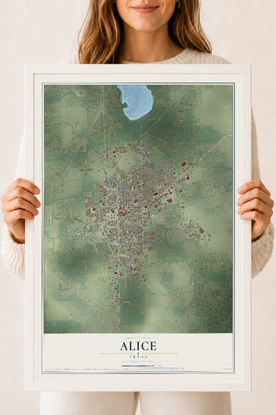 Map of Alice, Texas, 18 x 24 inch print in a white wood frame
