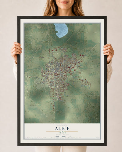 Map of Alice, Texas, 24 x 36 inch print in a black wood frame