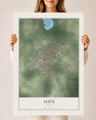 Map of Alice, Texas, 24 x 36 inch print in a white wood frame