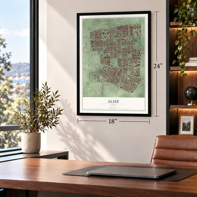 Alief, Texas map, 18 x 24 inch print in a black frame in a home office