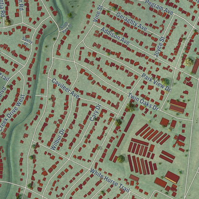 Close-up of the map of Allandale, Texas print showing street and building detail