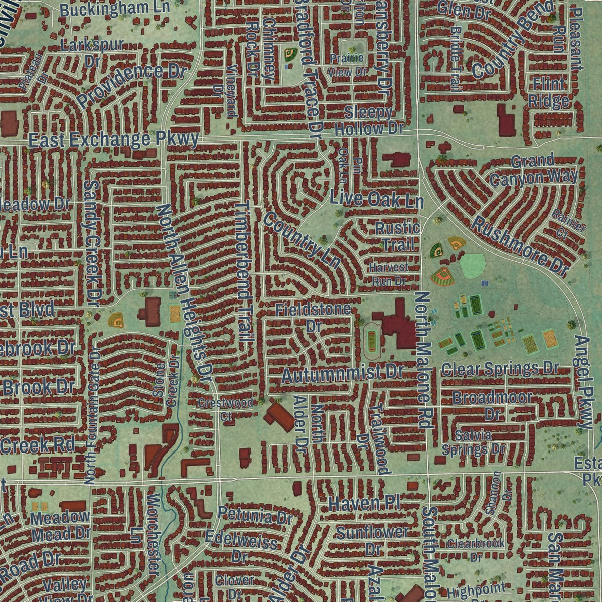 Close-up of the map of Allen, Texas print showing street and building detail