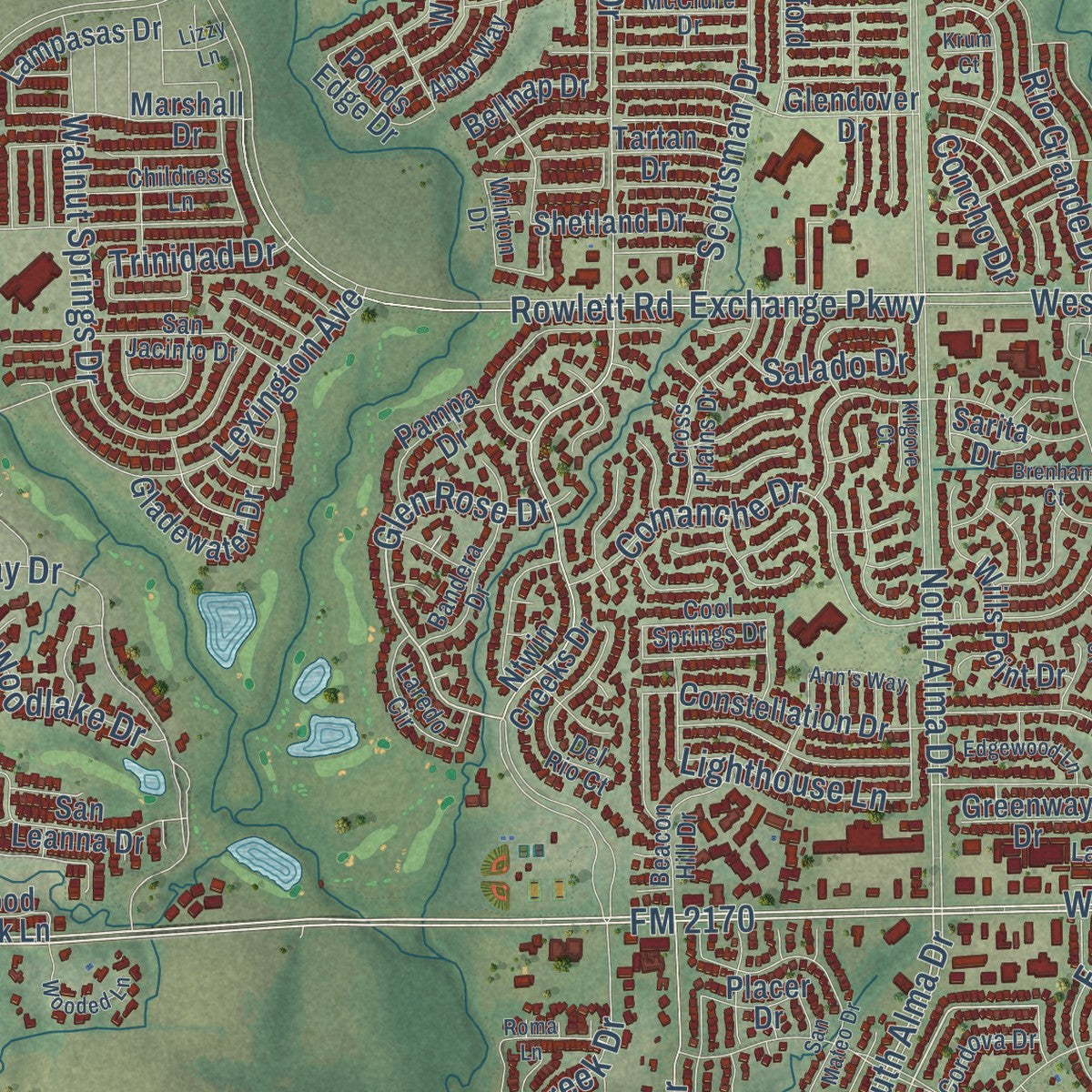 Second close-up of the map of Allen, Texas print showing more streets and buildings
