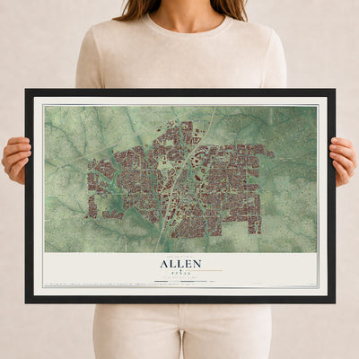 Map of Allen, Texas, 12 x 18 inch print in a black wood frame