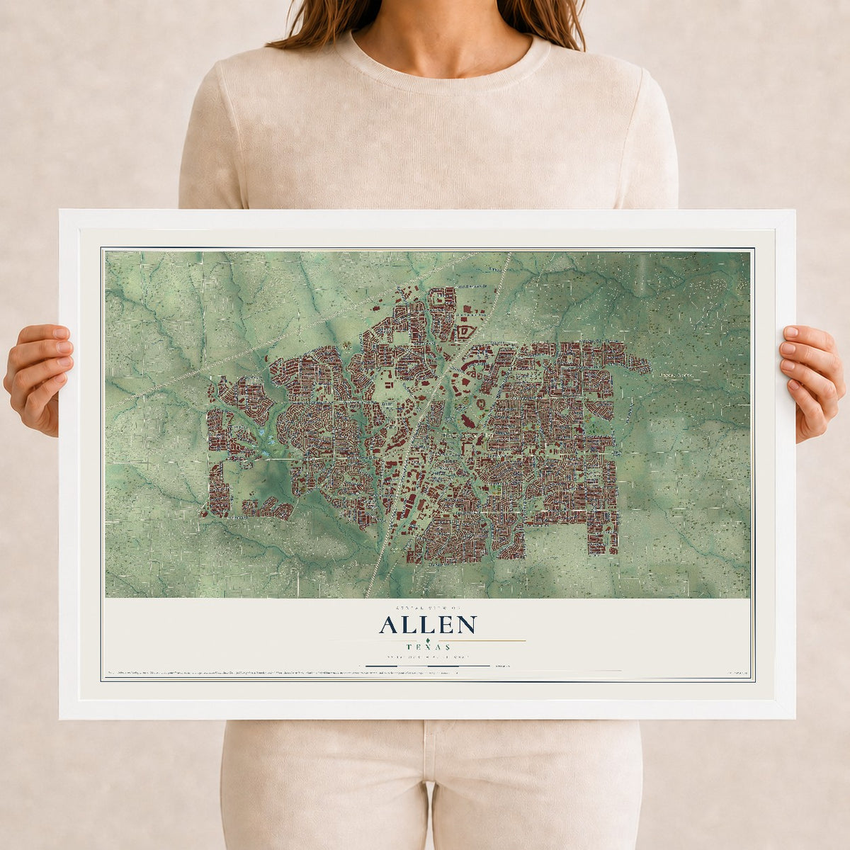 Map of Allen, Texas, 12 x 18 inch print in a white wood frame