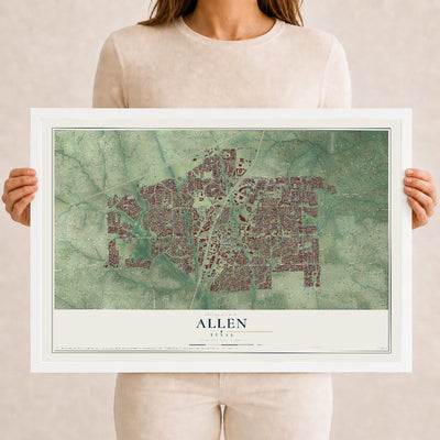 Map of Allen, Texas, 12 x 18 inch print in a white wood frame