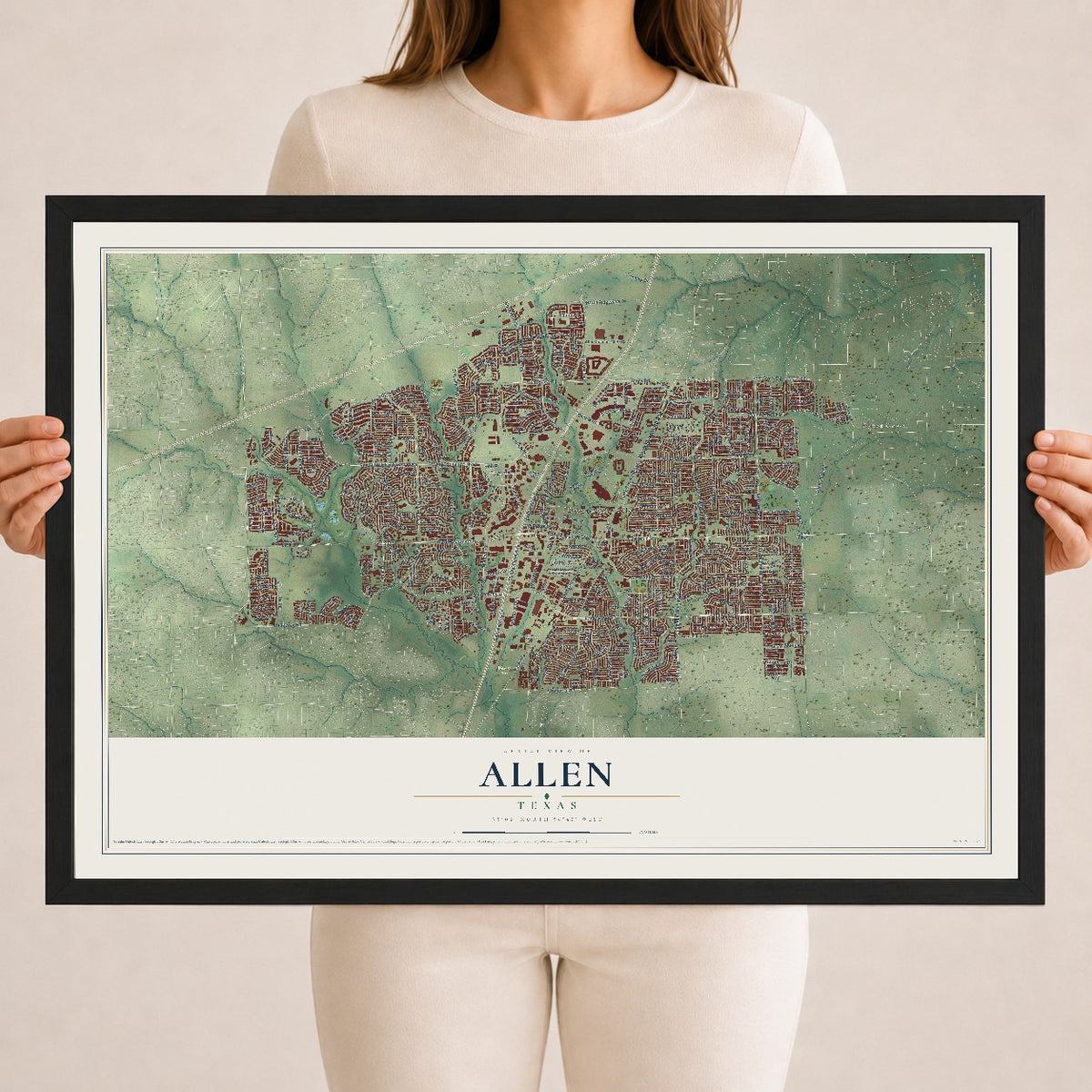 Map of Allen, Texas, 18 x 24 inch print in a black wood frame