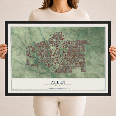 Map of Allen, Texas, 18 x 24 inch print in a black wood frame