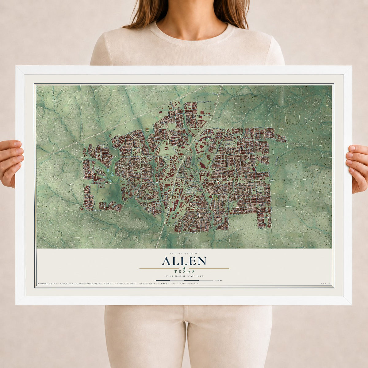 Map of Allen, Texas, 18 x 24 inch print in a white wood frame