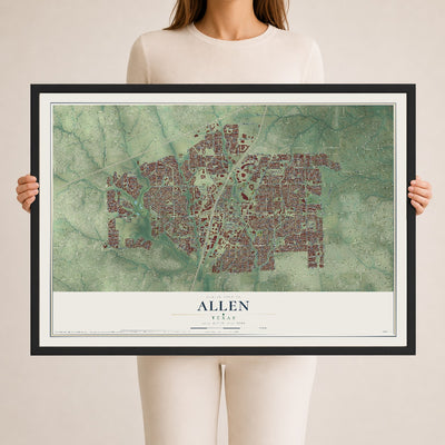 Map of Allen, Texas, 24 x 36 inch print in a black wood frame