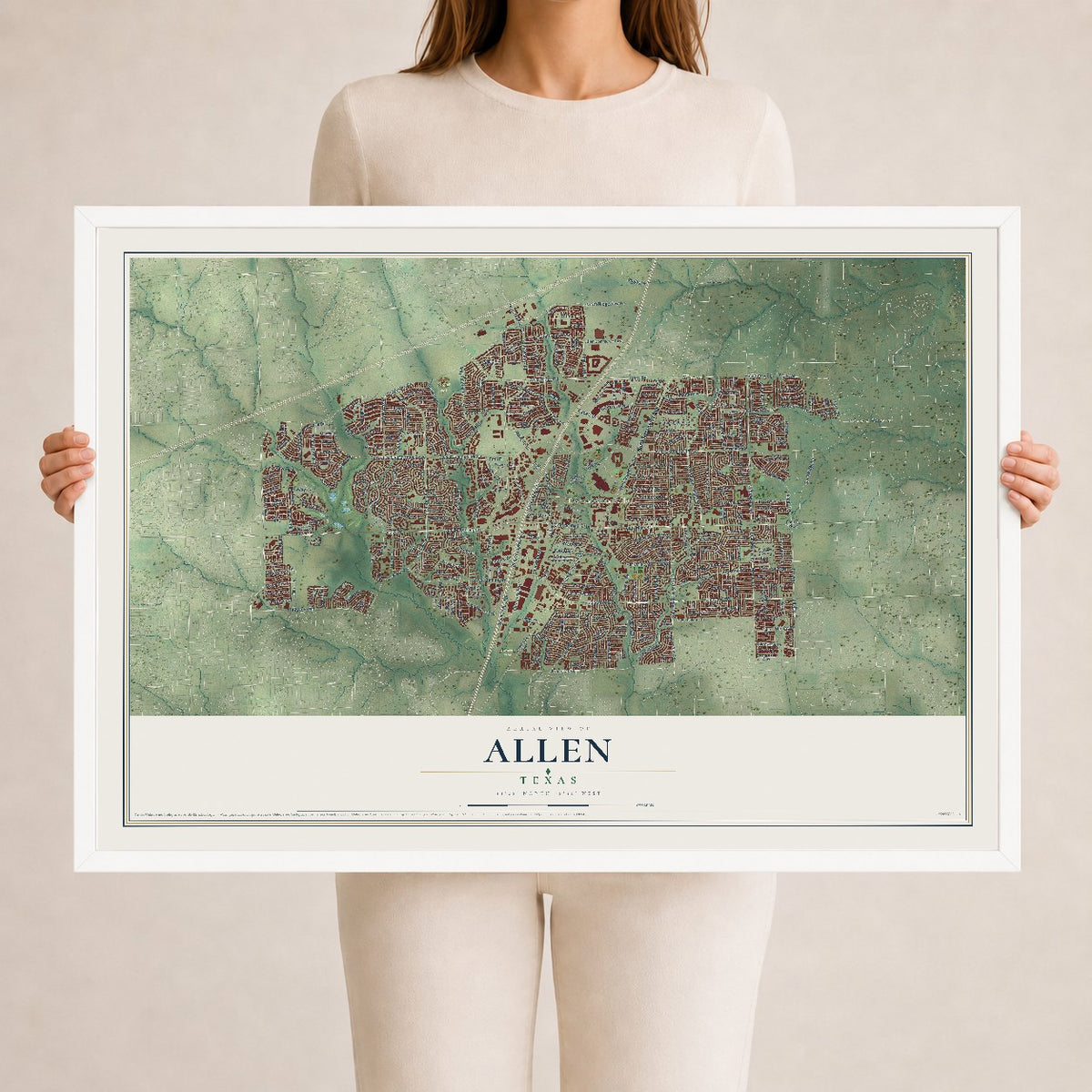 Map of Allen, Texas, 24 x 36 inch print in a white wood frame