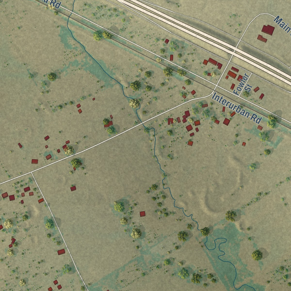 Close-up of the map of Alma, Texas print showing street and building detail