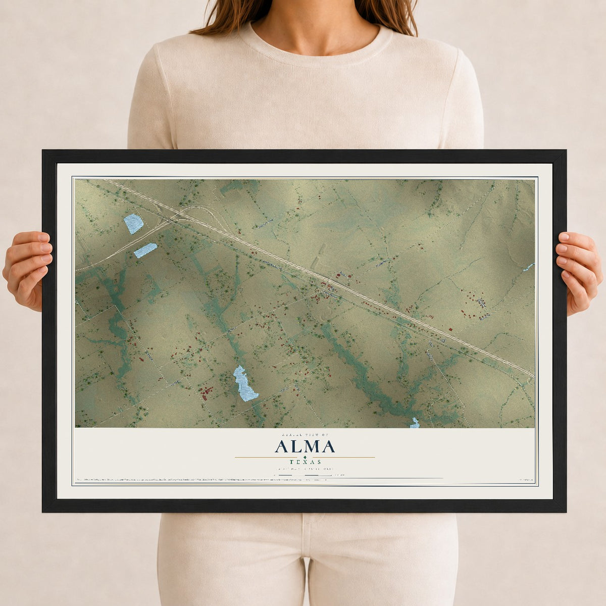 Map of Alma, Texas, 12 x 18 inch print in a black wood frame