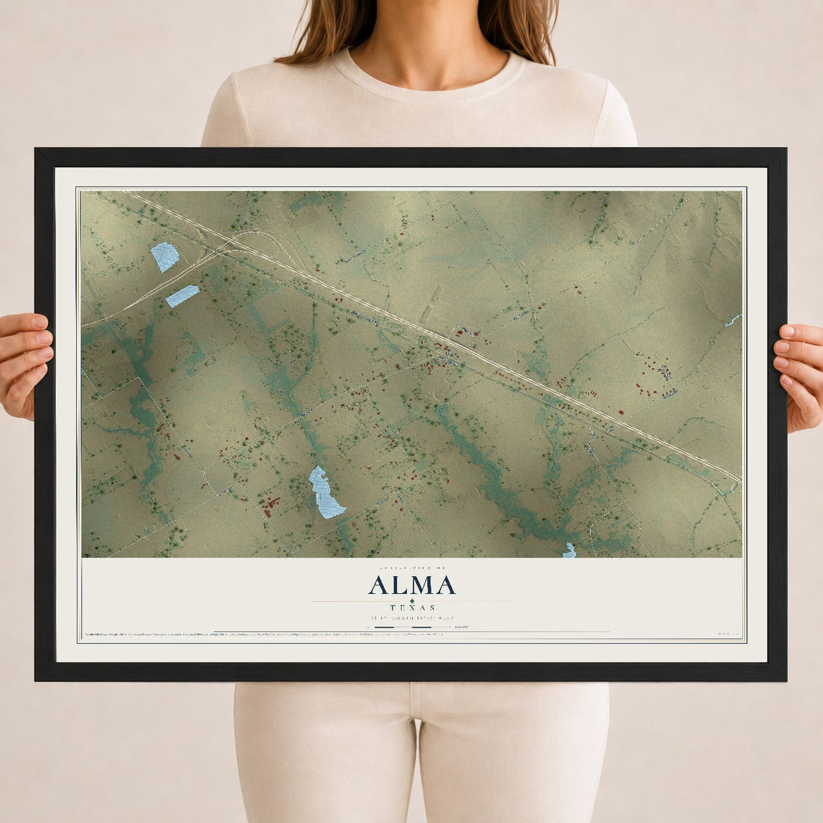 Map of Alma, Texas, 18 x 24 inch print in a black wood frame
