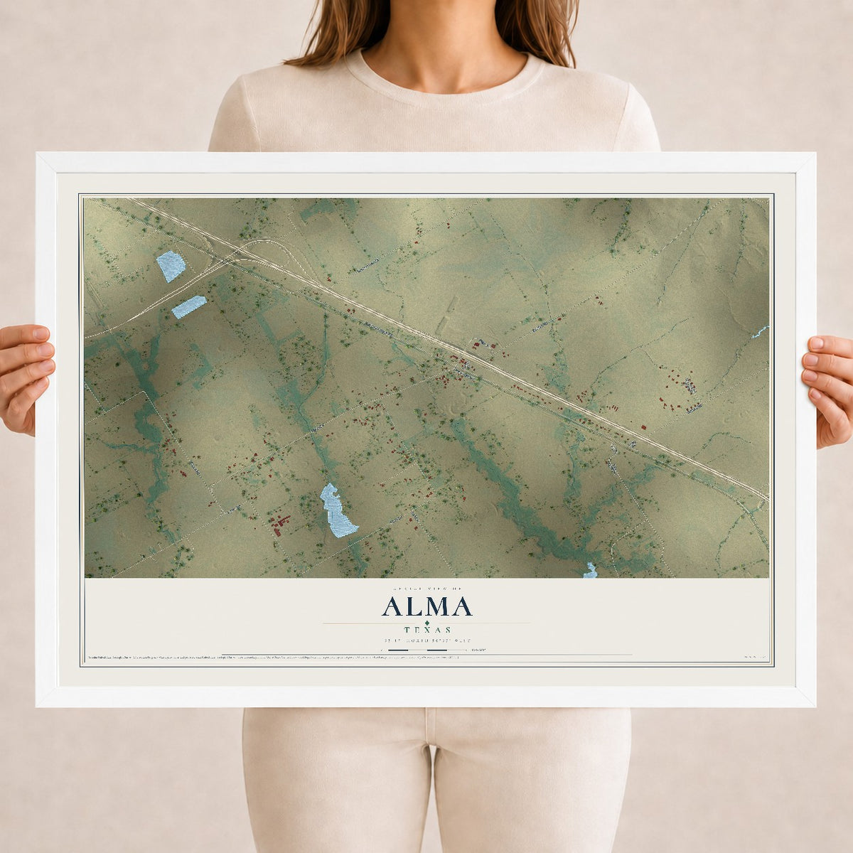 Map of Alma, Texas, 18 x 24 inch print in a white wood frame
