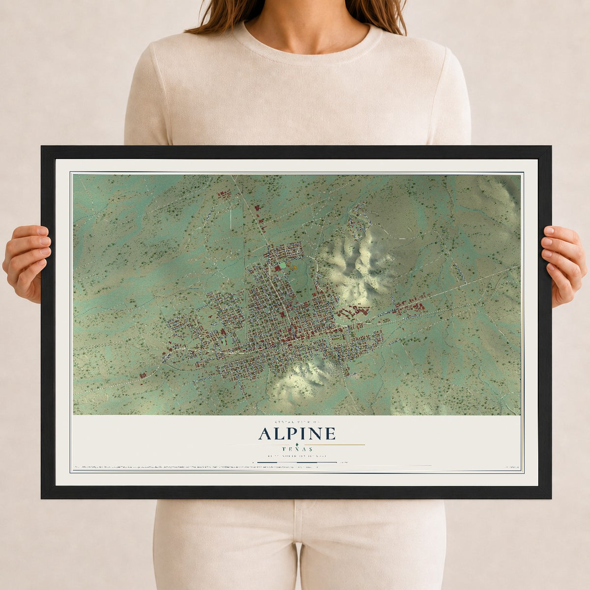 Map of Alpine, Texas, 12 x 18 inch print in a black wood frame