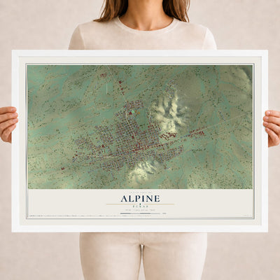 Map of Alpine, Texas, 18 x 24 inch print in a white wood frame