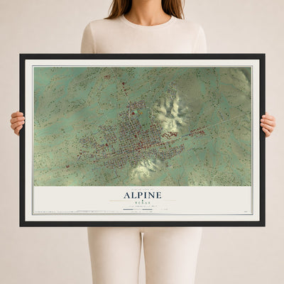 Map of Alpine, Texas, 24 x 36 inch print in a black wood frame