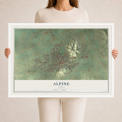 Map of Alpine, Texas, 24 x 36 inch print in a white wood frame