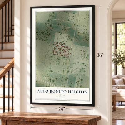 Alto Bonito Heights, Texas map, 24 x 36 inch print in a black frame by a staircase
