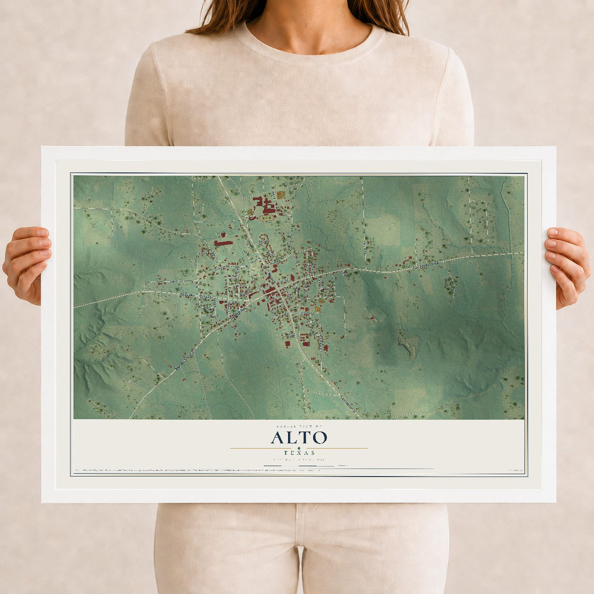 Map of Alto, Texas, 12 x 18 inch print in a white wood frame
