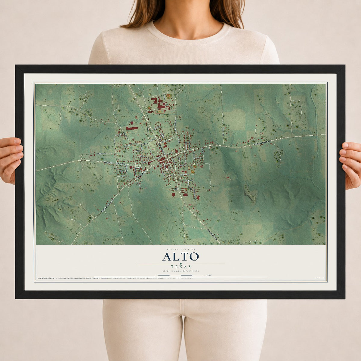 Map of Alto, Texas, 18 x 24 inch print in a black wood frame