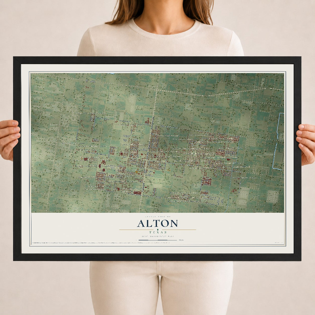Map of Alton, Texas, 18 x 24 inch print in a black wood frame