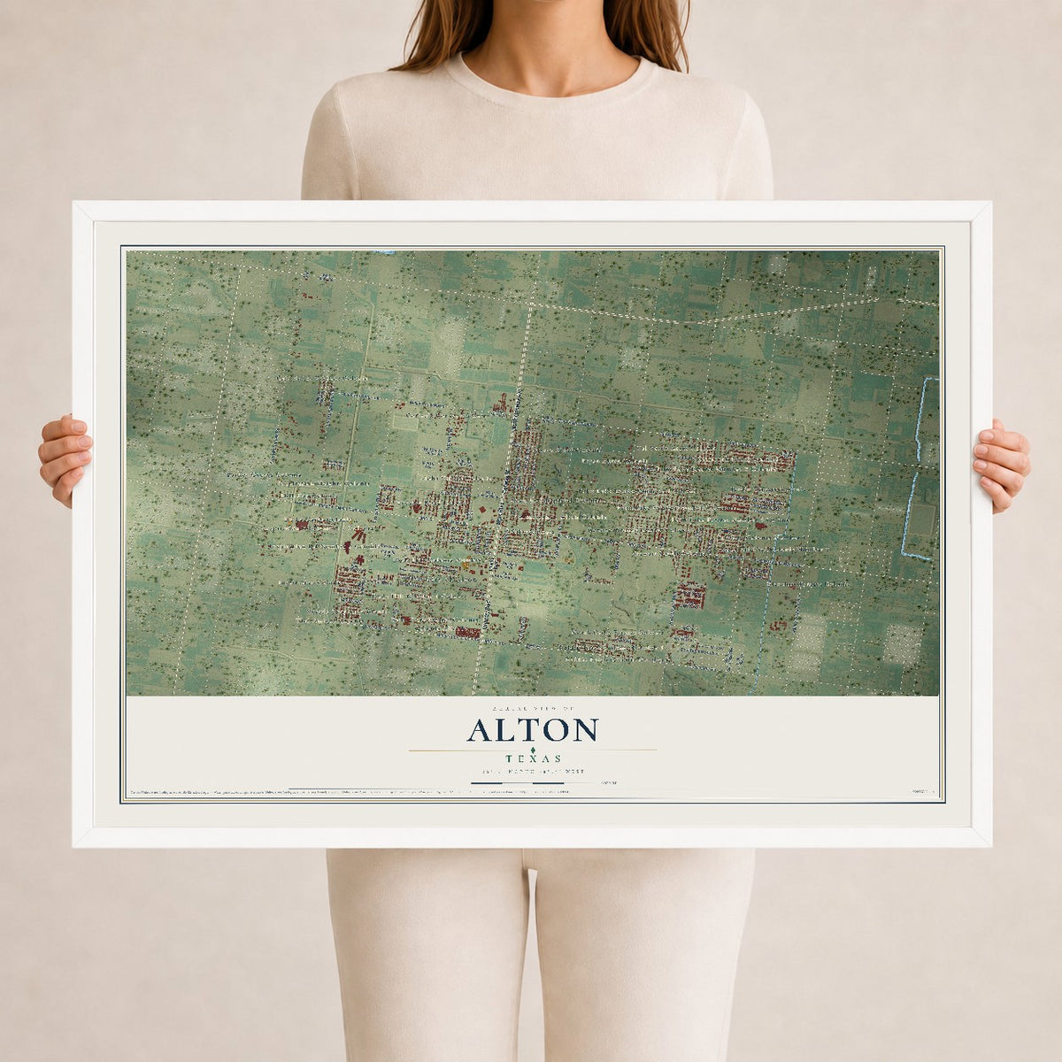 Map of Alton, Texas, 24 x 36 inch print in a white wood frame