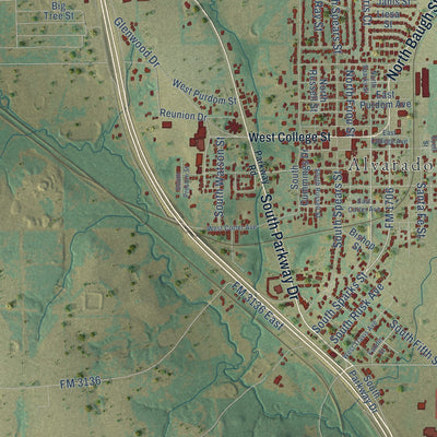 Close-up of the map of Alvarado, Texas print showing street and building detail