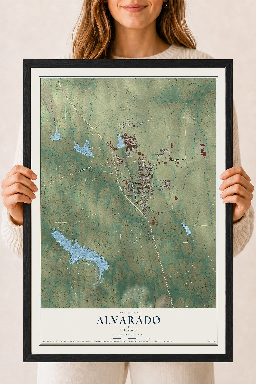 Map of Alvarado, Texas, 18 x 24 inch print in a black wood frame