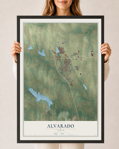 Map of Alvarado, Texas, 24 x 36 inch print in a black wood frame