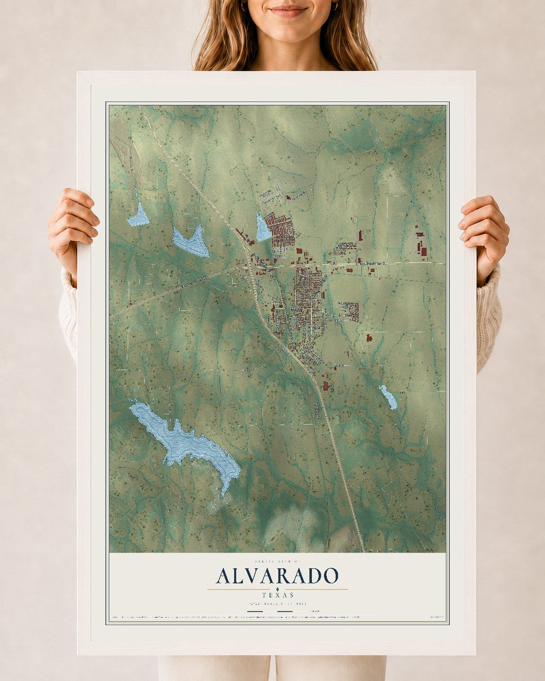 Map of Alvarado, Texas, 24 x 36 inch print in a white wood frame