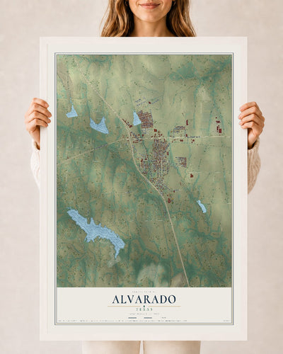 Map of Alvarado, Texas, 24 x 36 inch print in a white wood frame