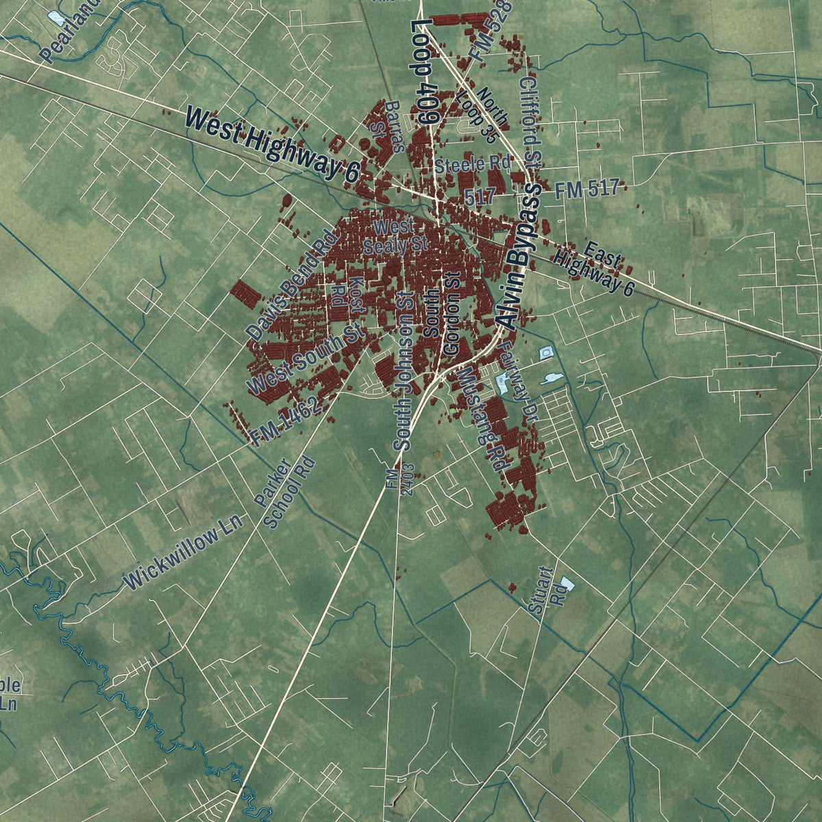 Second close-up of the map of Alvin, Texas print showing more streets and buildings