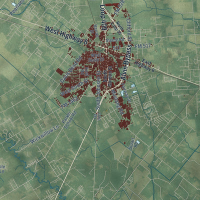 Second close-up of the map of Alvin, Texas print showing more streets and buildings