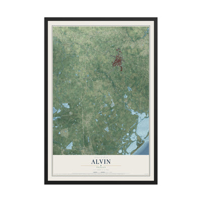 Map of Alvin, Texas, 12 x 18 inch print in a black wood frame