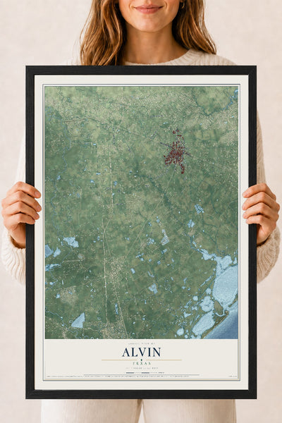 Map of Alvin, Texas, 18 x 24 inch print in a black wood frame