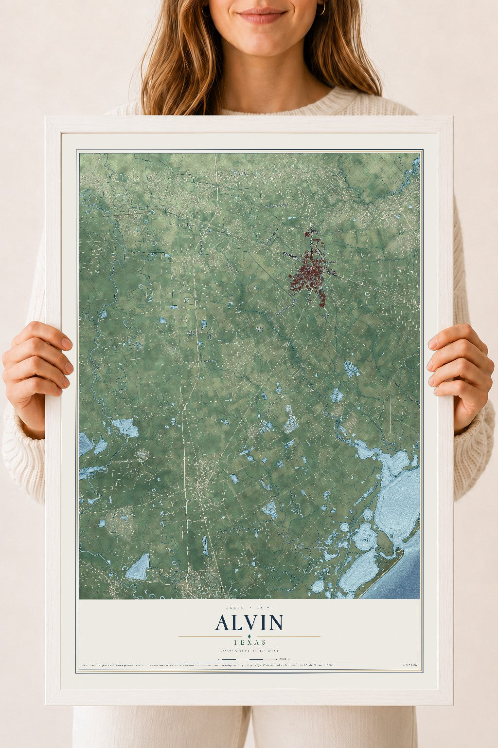 Map of Alvin, Texas, 18 x 24 inch print in a white wood frame