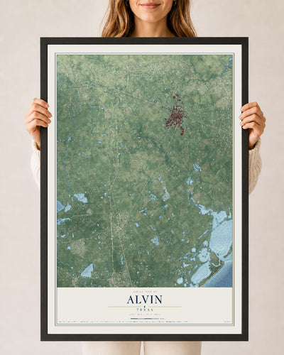 Map of Alvin, Texas, 24 x 36 inch print in a black wood frame