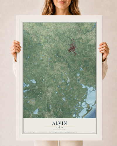 Map of Alvin, Texas, 24 x 36 inch print in a white wood frame