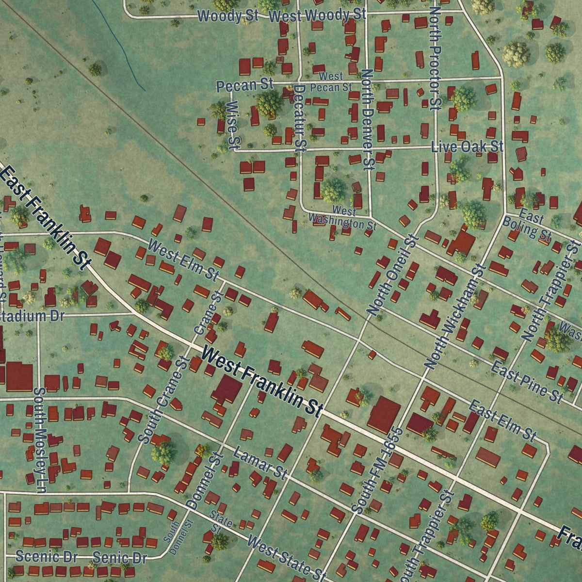 Close-up of the map of Alvord, Texas print showing street and building detail