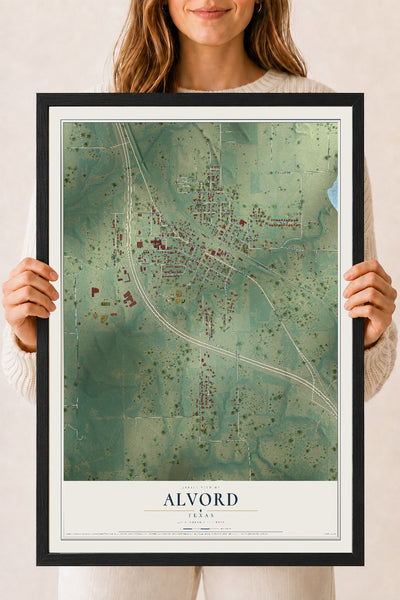 Map of Alvord, Texas, 18 x 24 inch print in a black wood frame