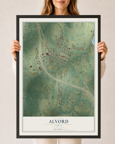 Map of Alvord, Texas, 24 x 36 inch print in a black wood frame