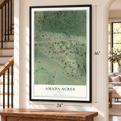 Amada Acres, Texas map, 24 x 36 inch print in a black frame by a staircase