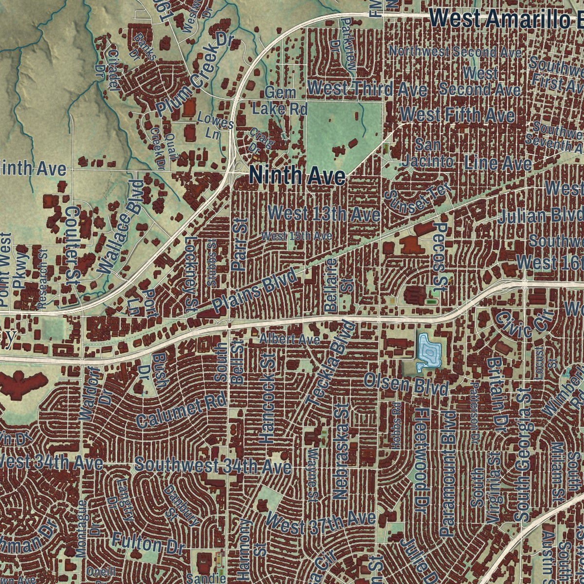Close-up of the map of Amarillo, Texas print showing street and building detail